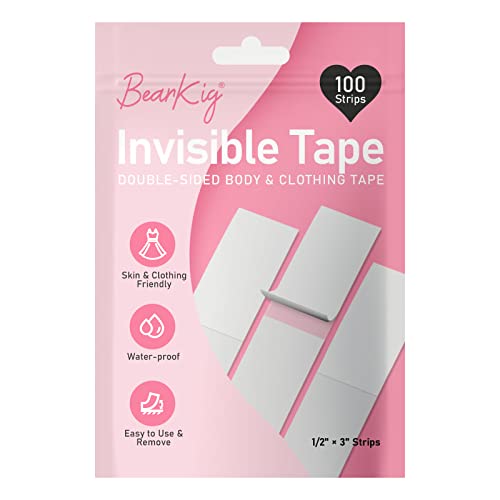 100-Strips Double-Sided Tape for Fashion, Tape for Clothes, BearKig Fabric Tape for Women Clothing and Body, All Day Strength Tape Adhesive, Invisible and Clear Tape for Sensitive Skins