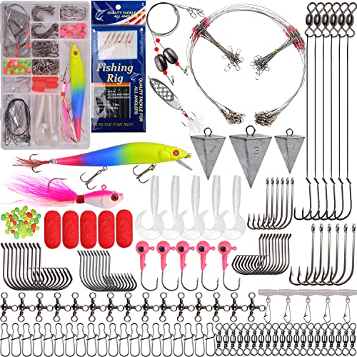 184pcs Saltwater Fishing Tackle Surf Fishing Kit - Fishing Bait Rigs Saltwater Fishing Lure Minnow Spoon Bucktail JIg Fishing Hooks Pyramid Sinker Swivel Foam Floats Beach Fishing Gear