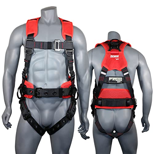AFP Red Demon Fall Protection Ergonomic Comfort Safety Harness, Soft Pressure-Relieving Perforated Breathable Padded Foam Shoulder, Legs & Back, 3 D-Rings, Tongue Buckle, Mating Buckle (OSHA/ANSI PPE)
