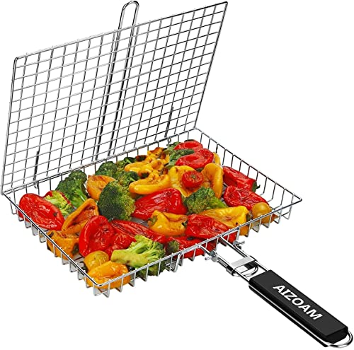 AIZOAM Portable Stainless Steel BBQ Barbecue Grilling Basket for Fish,Vegetables, Shrimp,and Steak and Chicken .Great Useful BBQ Tool.-【Bonus Additional Sauce Brush and 50 Natural Bamboo Skewers 】