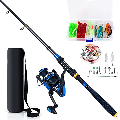 AlwaysGO Fishing Rod and Reel Combos with Fishing Line, Lures Kit and Carrier Bag for Saltwater Freshwater, Carbon Fiber Telescopic Pole for Father Husband or Beginner (Ambidextrous, 2.10)