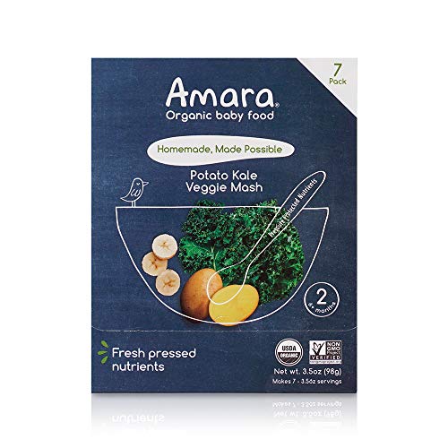 Amara Organic Baby Food | Kale Potato | Baby Cereal to Mix With Breastmilk, Water, or Baby Formula | Baby Food Pouches, Made from Organic Fruit and Veggies | Stage 2 | 7 Pouches