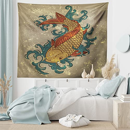 Ambesonne Japanese Tapestry, Grunge Style Oriental Water Koi Carp Fish Aquatic Theme Distressed Pattern, Wall Hanging for Bedroom Living Room Dorm Decor, 60" X 80", Taupe Teal