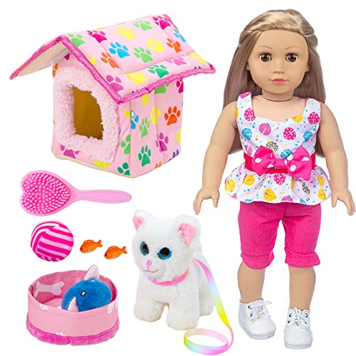 American Doll Clothes and Accessories - Pet Kitty Play Set fit American 18 Inch Girl Doll Including 18 Inch Doll Clothes, Pet Nest, Cat Pot, Toy Ball, Hair Comb, Toy Fish