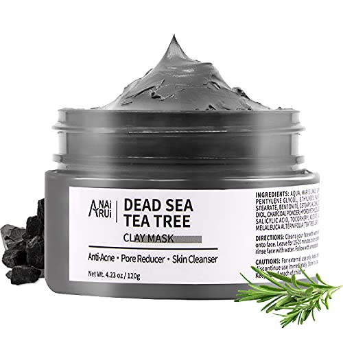 ANAIRUI Dead Sea Mud Mask with Tea Tree Oil & Salicylic Acid, Charcoal, Blackhead Remover, Pore Cleanser, Great for Acne-Prone Oily Skin, Detox Acne Face Mask for Women and Men, 120g / 4.23 Oz