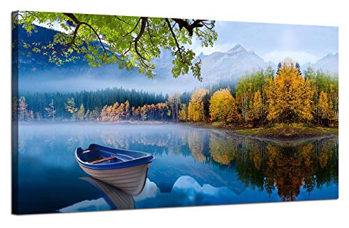 Arjun Lake Canvas Wall Art Blue Mountain Sky Nature Landscape Boat Picture Artwork Modern Autumn Painting Framed Large for Living Room Bedroom Bathroom Dinning Room Home Office Wall Decor, 40"x20"