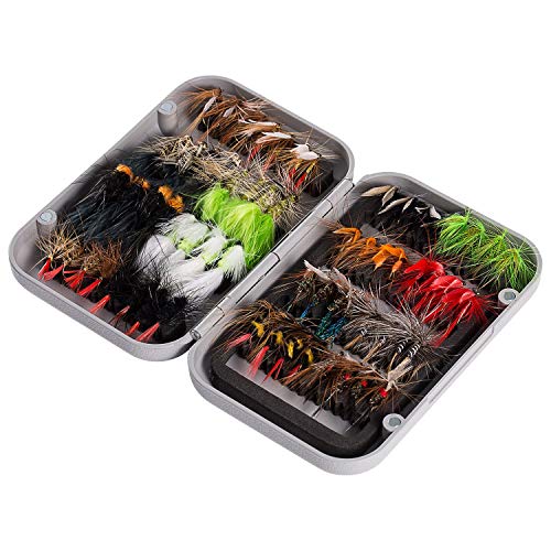 BASSDASH Fly Fishing Assorted Flies Kit, Pack of 64 pcs Fly Lure Including Dry Flies, Wet Flies, Nymphs, Streamers, Terrestrials, Leeches and More, with Magnetic Fly Box