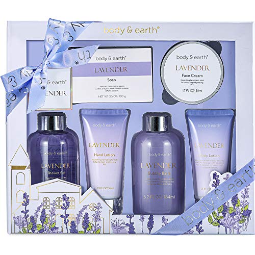 Bath Spa Gifts for Women - Gift Set for Women, Body & Earth Luxury 6 Pcs Lavender Scent Women Gift Box with Bubble Bath, Shower Gel, Hand&Face Cream, Body Lotion, Bath Gift Set for Women, Birthday Gift Basket for Women