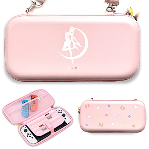 BelugaDesign Moon Switch Carrying Case | Pastel Hard Travel Shell Compatible with Nintendo Switch Standard Lite OLED | Cute Moon Silhouette Heart Magic Bow Design (Pink)