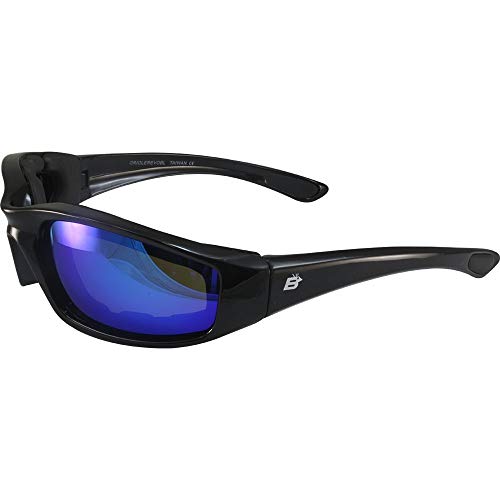 Birdz Eyewear Oriole Padded Motorcycle Riding Sunglasses Gloss Black Frames Blue G-Tech Reflective Lenses
