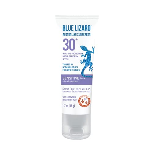 Blue Lizard SENSITIVE FACE Mineral Sunscreen with Zinc Oxide and Hydrating Hyaluronic Acid, SPF 30+, Water Resistant, UVA/UVB Protection with Smart Cap Technology - Fragrance Free, , 1.7 oz.