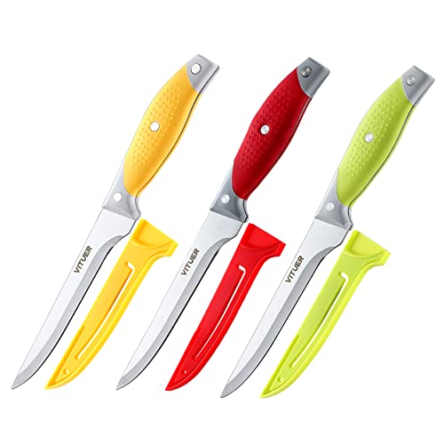 Boning Knife, Vituer 6PCS Fillet Knives (3PCS Filet Knife and 3PCS Knife Cover), 6 Inch Curved Boning Knife for Meat, Fish, Poultry, Cutting, Trimming, German Steel, PP Handle