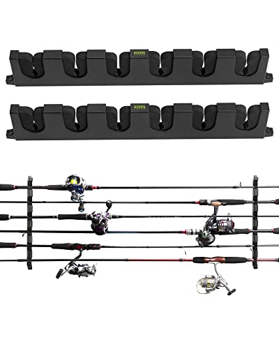 Booms Fishing WV5 Horizontal Fishing Rod Holders for Garage, Wall Mounted Fishing Rod Rack, Kayak Fishing Pole Holder and Rack, Store Up to 6 Rod and Reel Combo in 14.6"