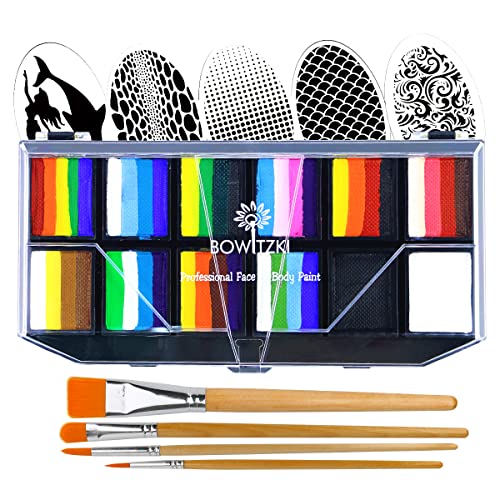 Bowitzki Professional Face Painting Kit For Kids Adults 12x10 gm Face paint Set with Stencil One Stroke Split Cake Non Toxic Rainbow Flora Dolphin Unicorn Flame Body Paint Makeup