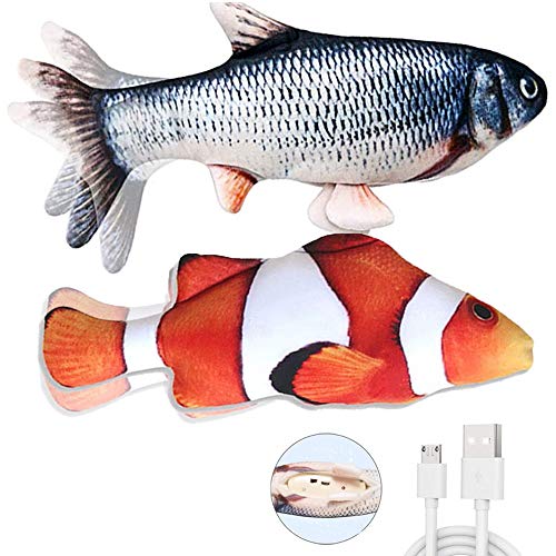 bubblestar 2PCS Plush Simulation Electric Doll Fish Automatic Flopping USB Rechargeable Cat Fish Toy Funny Interactive Pets Chew Bite Supplies for Cat Kitty Kitten (D)