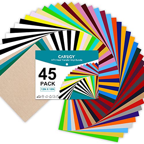 CAREGY Heat Transfer Vinyl HTV Bundle 12"x10" - 45 Pack Includes 30 Pack Assorted Colors Sheets and 2 Sheets Teflon, Iron On Vinyl for DIY T-Shirts Fabrics