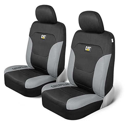 Caterpillar Flexfit Automotive Seat Covers for Cars Trucks and SUVs (Set of 2) – Black Car Seat Covers for Front Seats, Truck Seat Protectors with Gray Honeycomb Trim, Auto Interior Covers