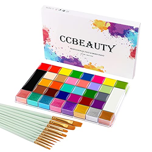 CCbeauty 36 Colors Face Body Paint Oil Professional Flash Non-Toxic Hypoallergenic Halloween Artist Fancy Cosplay Party SFX Face Painting Palette with 10 Green Brushes Kit for Adults Girls