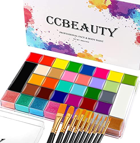 CCbeauty Professional 36 Colors Face Body Paint Kit, Largest Oil Based Non-Toxic Hypoallergenic Neon Face Painting Palette Set (8 Pearl Shimmer +6 UV Glow + 22 Classic Colors) with 10 Brushes for Halloween SFX Special Effects Cosplay Costume Makeup