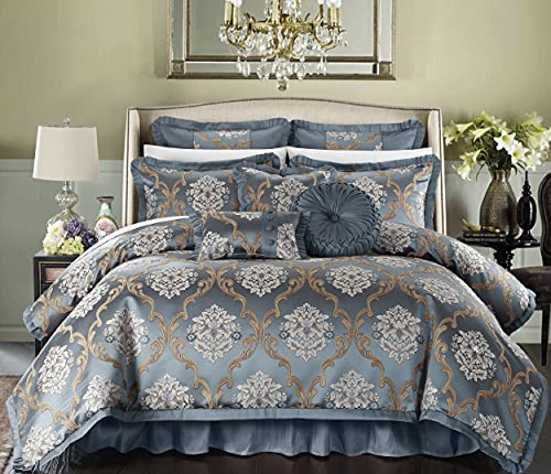 Chic Home CS4622-AN 9 Piece Aubrey Decorator Upholstery Quality Jacquard Scroll Fabric Bedroom Comforter Set & Pillows Ensemble, Queen, Blue