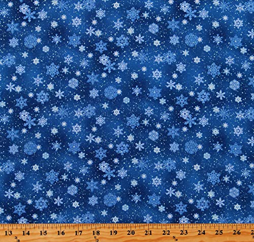 Cotton Snowflakes Snow on Royal Blue Landscape Medley Winter Holiday Cotton Fabric Print by The Yard (D585.38)