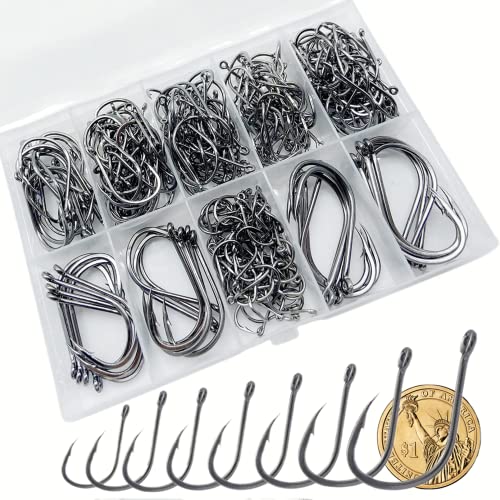 DAMIDEL 300Pcs/Box （22# ...15# .... 10# Fishing Hook, Forged Steel/Barded Design, 8 Sizes Universal Octopus Fishing Hooks Set， Sharp/High Carbon/Hook Eye, Suitable Sizes in Freshwater Saltwater