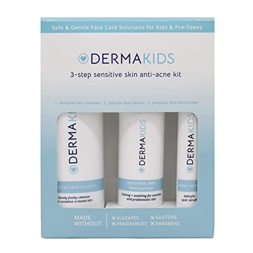 Dermakids 3-Step Anti-Acne Kit - Safe & Gentle Face Care Solutions for Kids & Pre-Teens - Tree Bark Facial Cleanser, Salicylic Acid Serum, Moisturizer - Skincare & Cleansing Products for Boys & Girls