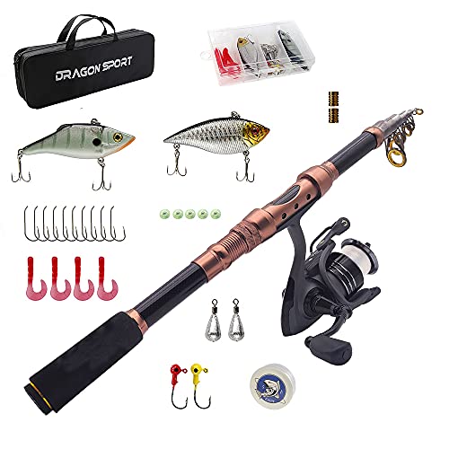 DRAGON SPORT Fishing Rod and Reel Combos 2.4m(7.87FT) Carbon Fiber Telescopic Fishing Rod with Reel Combo Sea Fishing Saltwater Freshwater Fishing Rod Kit