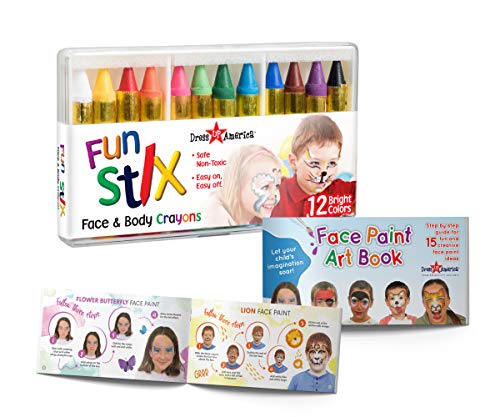 Dress Up America Face Paint Crayons - With Artbook & Easy To Follow Facepainting Designs -Safe Non-Toxic Face And Body Paint Made in Taiwan - Halloween Makeup Face Painting Kit for Kids & Adults