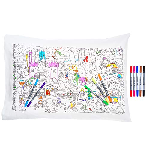 eatsleepdoodle Fairytales & Legends Educational Pure Cotton Soft Pillowcase - Color Your Own Pillow Case with Unicorns, Dragons, Princesses and More to Personalize, Washable Fabric Markers Included
