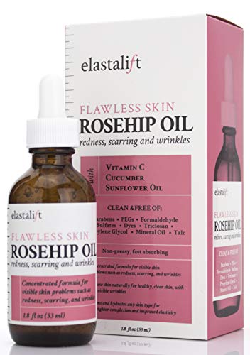 Elastalift Rosehip Oil for face with Vitamin C and Cucumber. Pure Rosehip face oil helps with Wrinkles, Scarring, and Redness for a brighter skin complexion. 1.8 Fl Oz