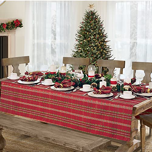 Elrene Home Fashions Shimmering Plaid Holiday Fabric Tablecloth, 52" x 52", Red