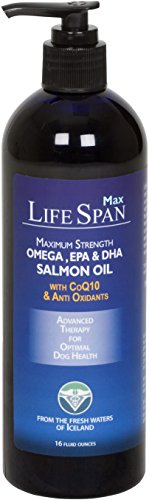 Evolution Pets LifeSpan Maximum Strength Salmon Oil, Fortified with CoQ10 and Antioxidants. Most Complete Salmon Oil for Dogs. LifeSpan Fish Oil for Dogs Comes in 16-Ounce Size with Easy to use Pump