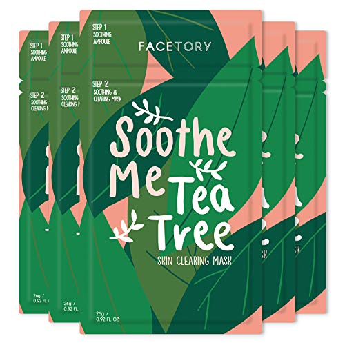 FaceTory Soothe Me Tea Tree 2-Step Sheet Mask with Tea Tree Oil and Chamomile Extract - For Acne Prone Skin - Soothing, Hydrating, Calming, and Balancing (Pack of 5)