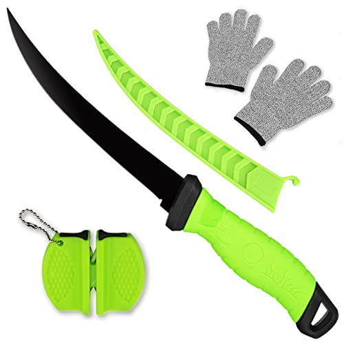 Fish Fillet Knife, 7 Inches Professional Fishing Fillet Knife Set Stainless Steel Blade in Corrosion Resistant Coating, with Sharpener and Cutting Resistant Gloves, for Fishing and Outdoor, Green