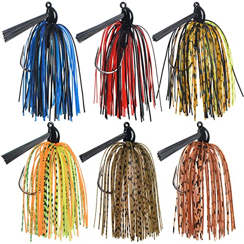 Fishing Jig with Weed Guard 3/8 oz Silicone Skirt Fishing Lures for Bass Perch Multi-Color Pack of 6 by Jigreat