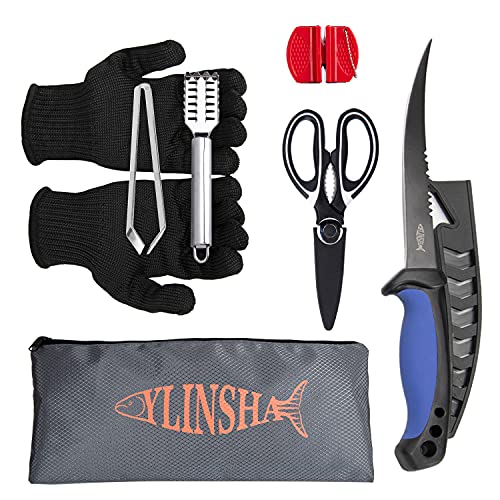 Fishing Knife7-piece set Includes, Bait Knife With Coating and Scabbard,Knife Sharpener,Multifunctional Scissors,Anti-Cutting gloves,Fish Scale Cleaner Brush,Fishbone Tweezers,Storage Bag