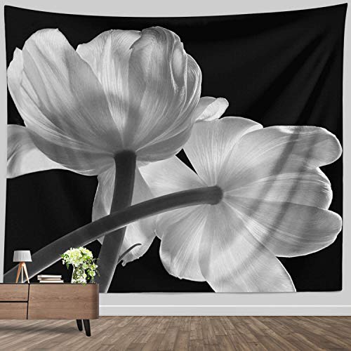 Flower Tapestry for Bedroom Aesthetic, Modern White Flower on Black Tapestries Fabric Wall Hanging for Home Office Dorm Wall Decor Blanket Large, 60 x 80