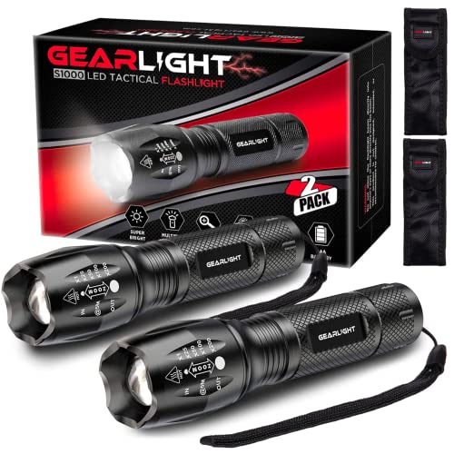 GearLight Flashlight 2pk Bright, Zoomable Tactical Flashlights High Lumens Great Gift for Men, Christmas Stocking Stuffer