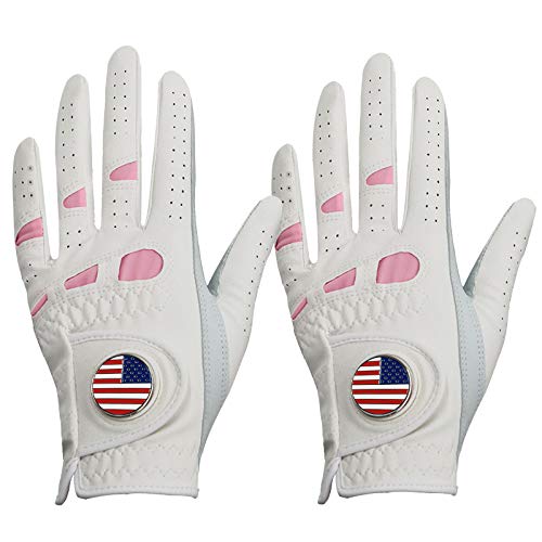 Golf Gloves Women Left Hand with Ball Marker USA Flag Leather 2 Pack for Right Handed Golfer All Weather Grip Soft Comfortable for Ladies (Large, Worn on Left Hand)