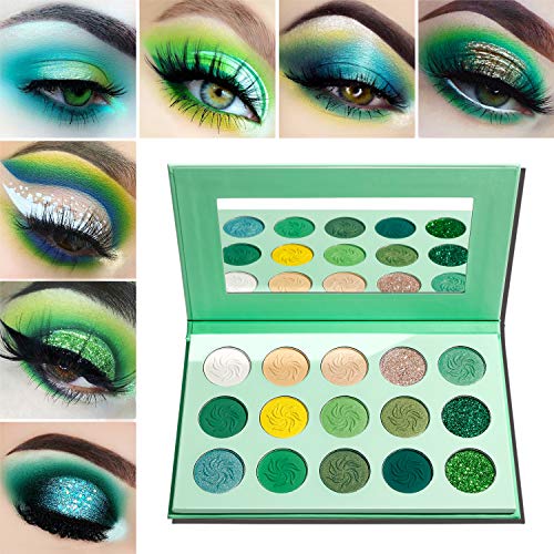 Green Eyeshadow Palette Matte Glitter,Afflano Highly Pigmented Pro Makeup Palettes Eye shadow forest emerald green Yellow 15 Color,Creme Shimmer Metallic Sparkle Eyeshadow Pallet for Women Christmas
