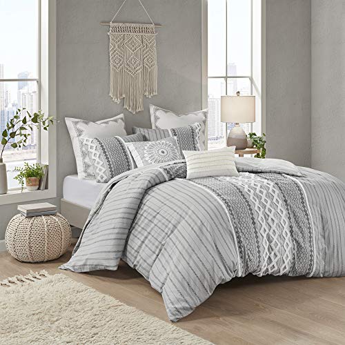 INK+IVY Imani 100% Cotton Duvet Mid Century Modern Design, All Season Comforter Cover Bedding Set, Matching Shams, Full/Queen, Gray Chenille Tufted Accent 3 Piece