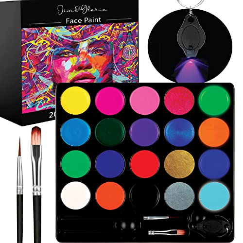 Jim&Gloria DAY AND NIGHT 20 Face Paint Colors Includes 12 Day Colors 4 UV Glow in The Dark 4 Metallic And Brushes - Kids Safe Body Face Painting Set For Halloween Party Day Of the Dead Tattoo Makeup