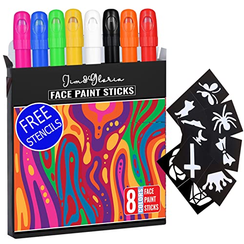 Jim&Gloria Face Paint Makeup Kit - 8 Large Pens with Stencils Washable Body Markers for Kids and Adults. Cool stuff for Football Games Sports Halloween The day of the dead Thanksgiving Christmas Gift