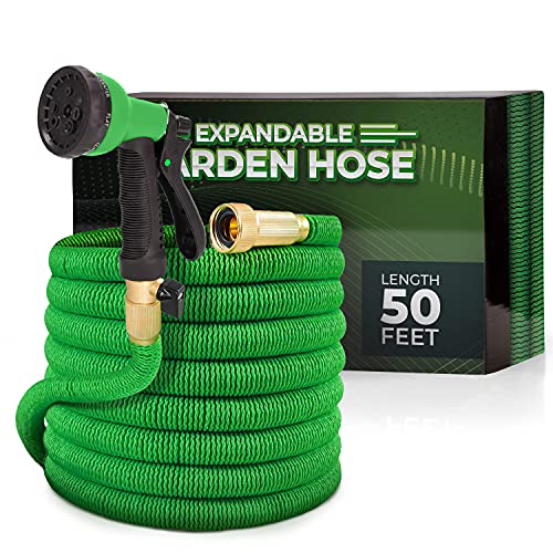 Joeys Garden Expandable Garden Hose with 8 Function Hose Nozzle, Lightweight Anti-Kink Flexible Garden Hoses, Extra Strength Fabric with Double Latex Core (50 FT, Green)
