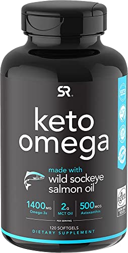 Keto Omega Fish Oil with Wild Sockeye Salmon, Antarctic Krill Oil, Astaxanthin & Coconut MCT Oil ~ 1200mg of EPA & DHA per Serving ~ Keto Certified & Non-GMO Verified (120 softgels)