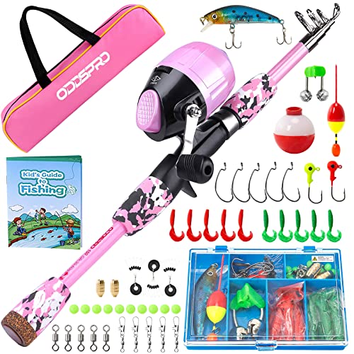 Kids Fishing Pole Pink, Portable Telescopic Fishing Rod and Reel Combo Kit - with Spincast Fishing Reel Tackle Box for Girls, Youth