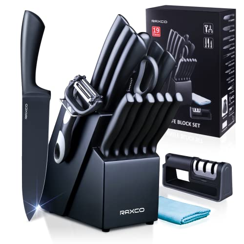 Kitchen Knife Set, 19 Pieces Chef Knife Set with Block for Kitchen, German Stainless Steel Knife Block Set with Scissors, Peeler & Sharpener, Dishwasher Safe, Black