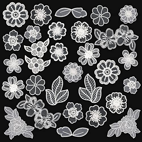 Lace Flower Applique Embroidery Patch, UHOMENY 30 Pieces 3D Flowers Floral Leaf Sewing Lace Fabric Applique Sew On Patches for Bridal Prom Dress Sewing Craft DIY Clothing Clothes Jean Hair Ornaments