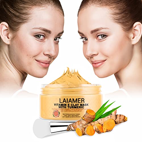 LAIAMER Turmeric Clay Face Mask, Hydrating Vitamin E Mud Mask w/ Brush, Whitening for Dark Spots, Remove Acne, Blackheads and Pores for Women Skincare (8.8 oz)